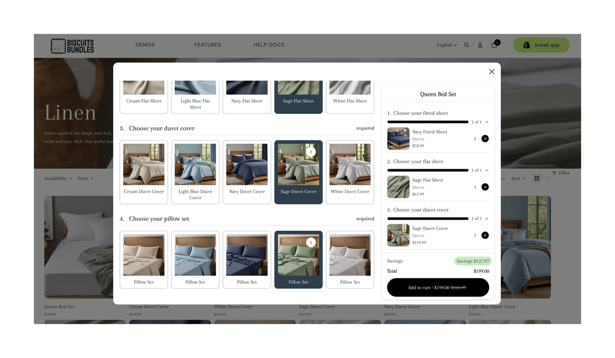 Biscuits quick add modal showing selectable bundle products on a Shopify collection page.