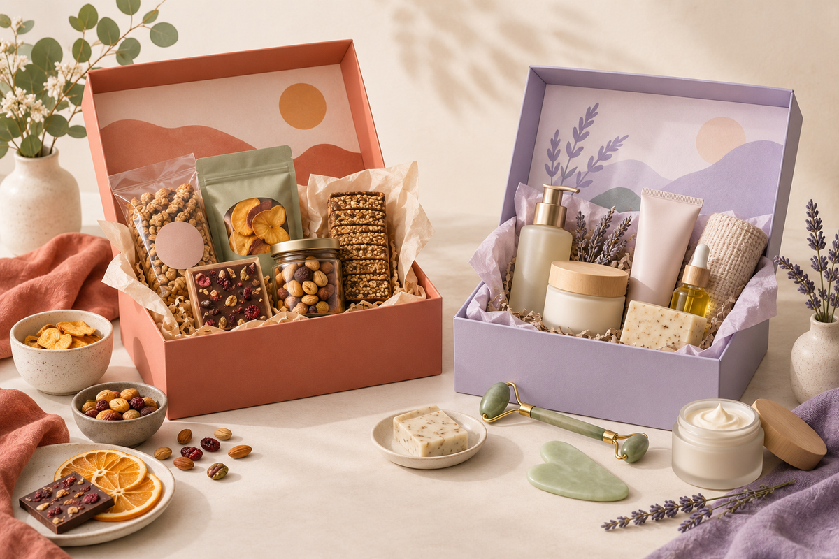 Illustration of open snack and skincare gift boxes with additional product choices.