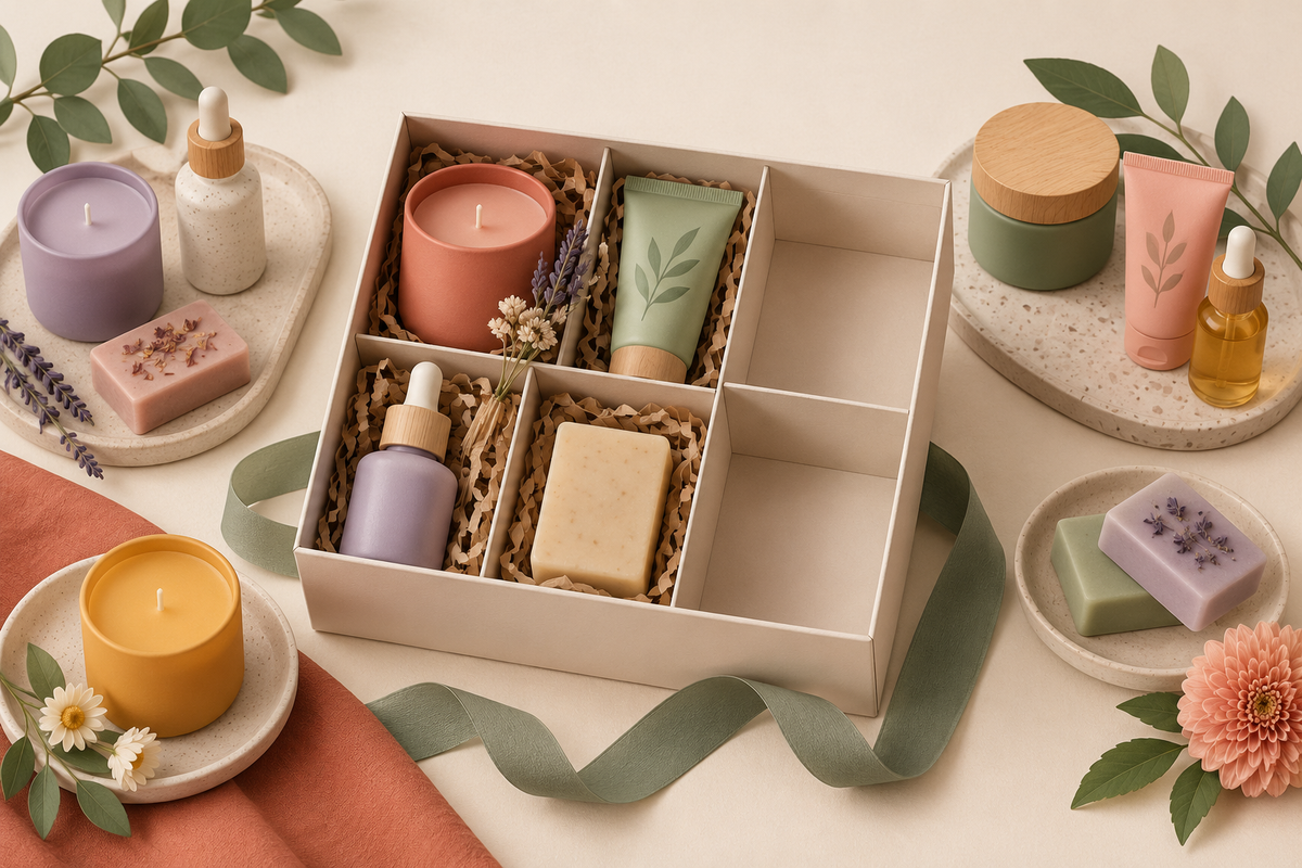 Illustration of a partly filled gift box with skincare and candle choices nearby.