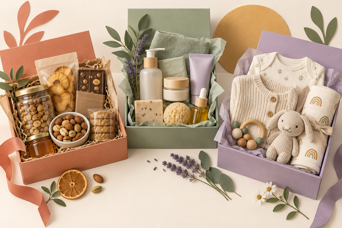 Illustration of three gift boxes containing snacks, skincare and baby products.