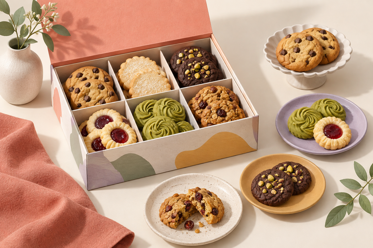 Illustration of an assorted cookie gift box with additional flavours on nearby plates.