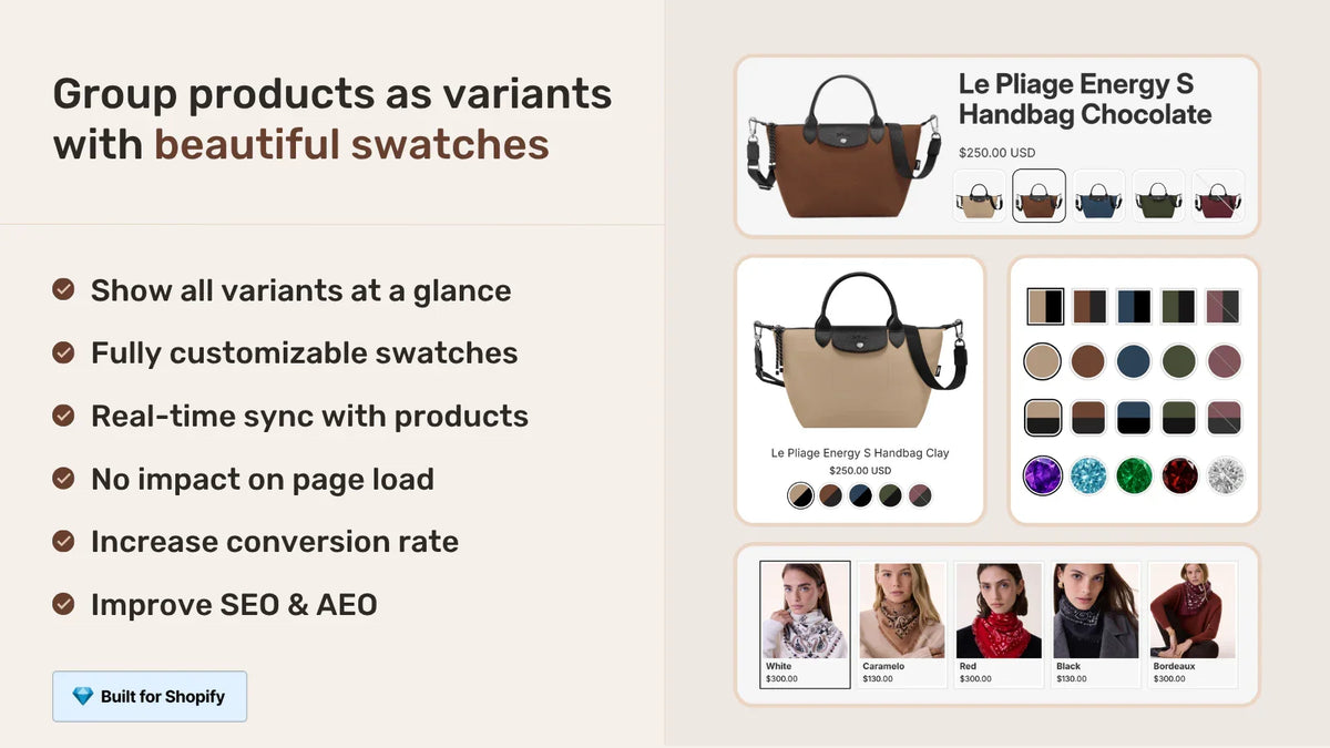 Rubik Combined Listings graphic showing separate handbag products linked with variant swatches.
