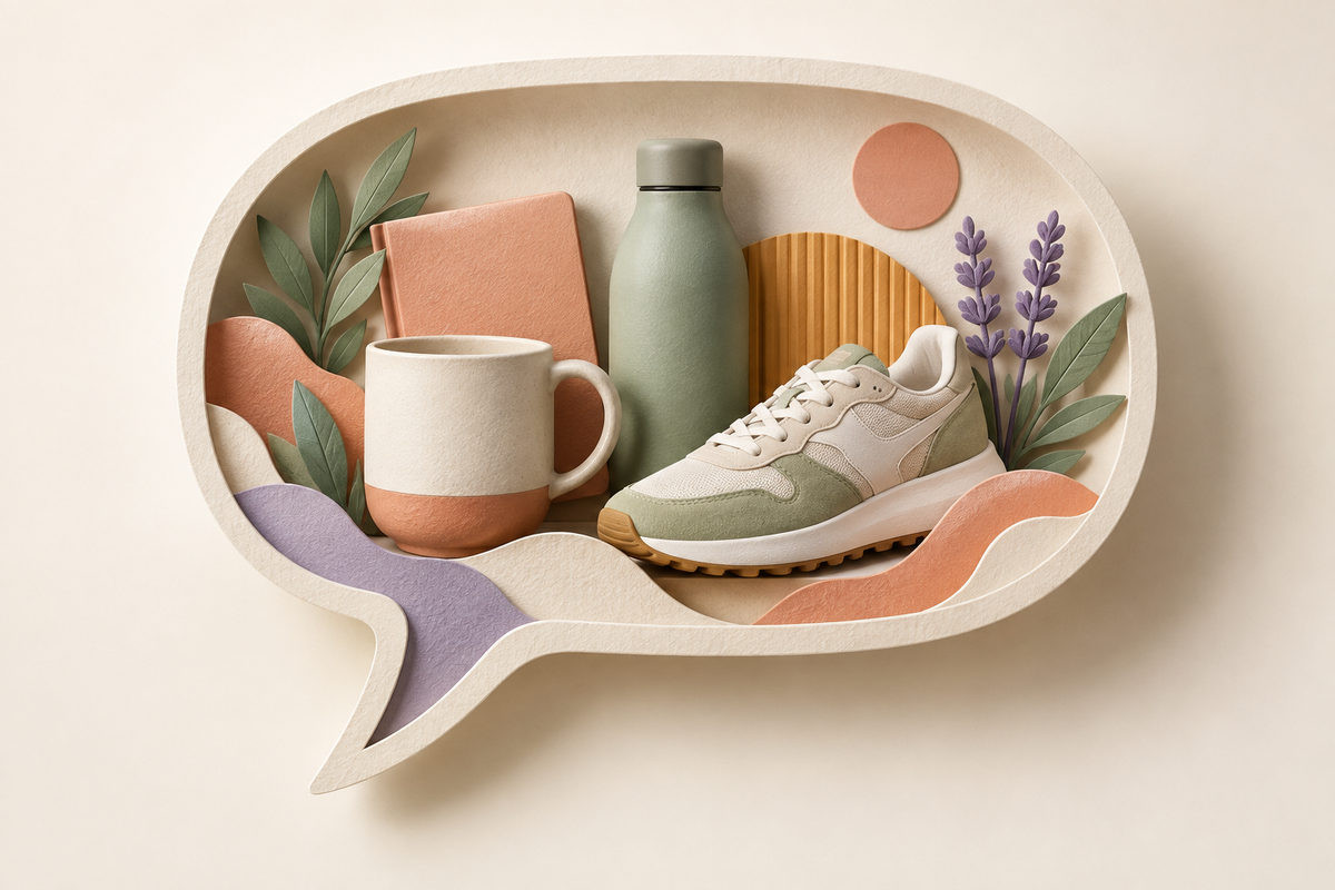 Illustration of a speech bubble containing a mug, bottle and sneaker.