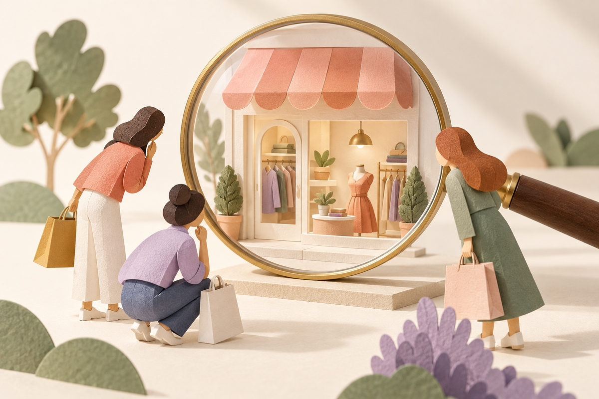 Illustration of paper shoppers inspecting a miniature storefront through a magnifying glass.