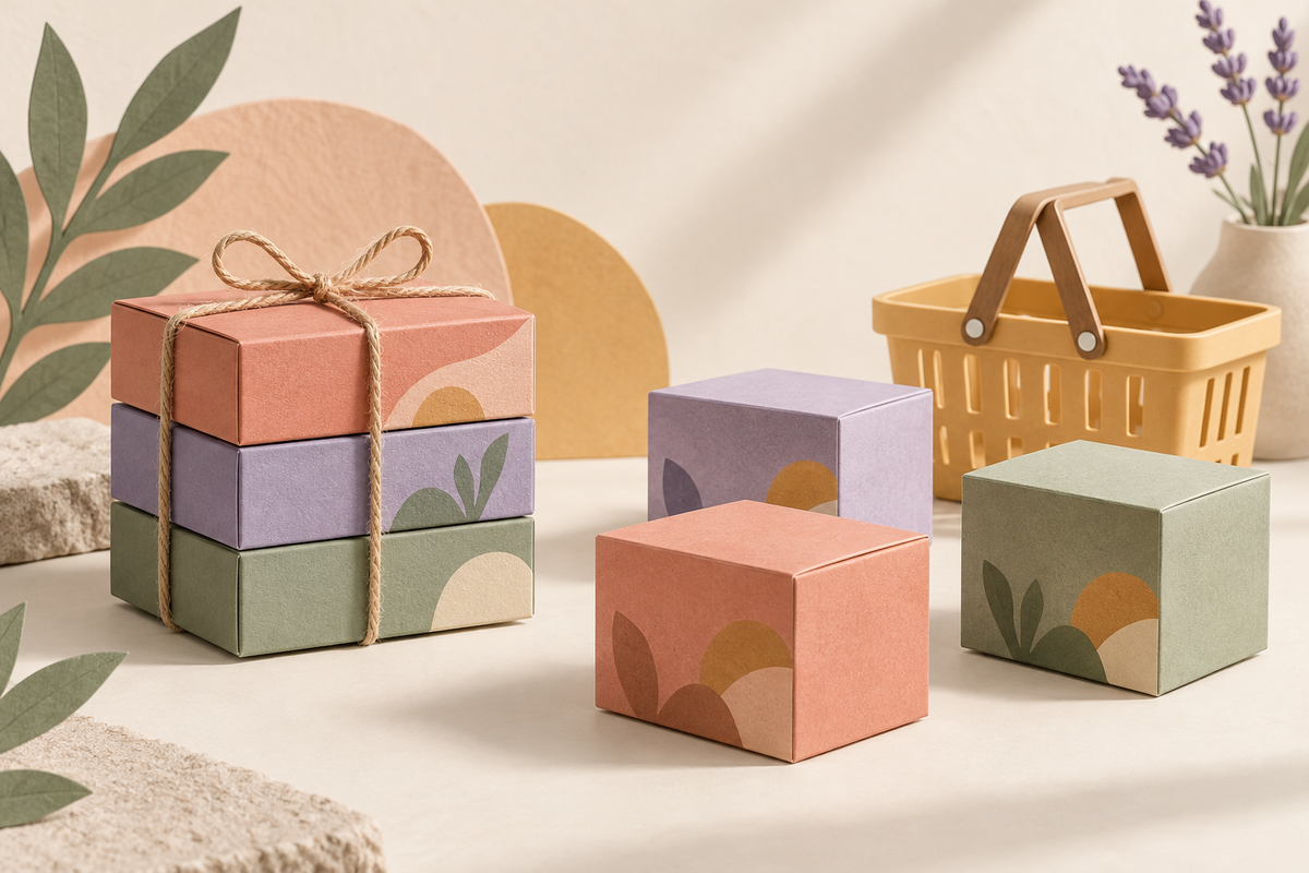 Illustration of three boxes tied together beside three separate boxes and a shopping basket.