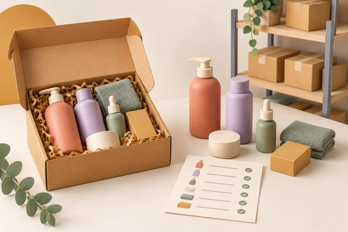 Illustration of a packed product kit, individual components and packing list beside warehouse shelves.