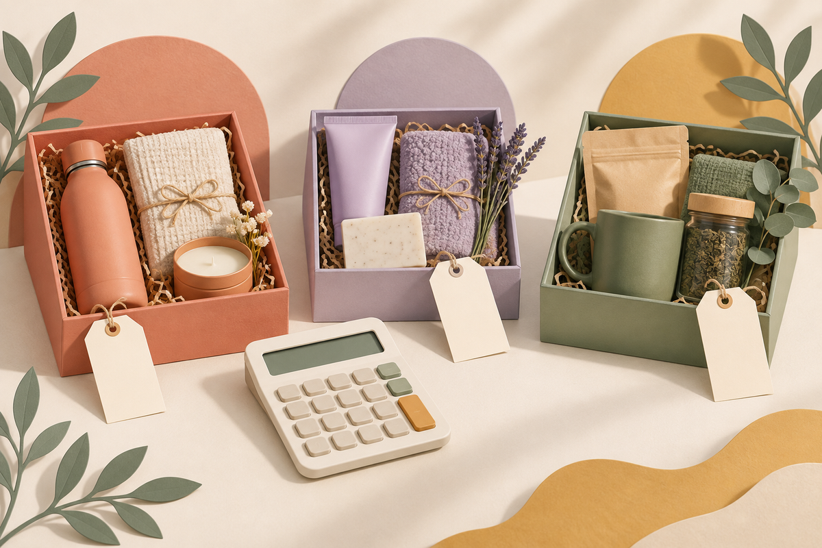 Illustration of three gift sets with blank price tags beside a calculator.