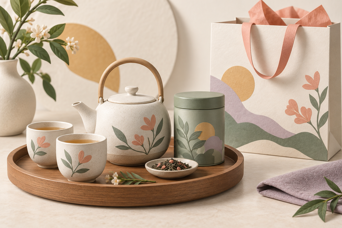 Illustration of a matching teapot, cups and tea tin grouped beside a shopping bag.