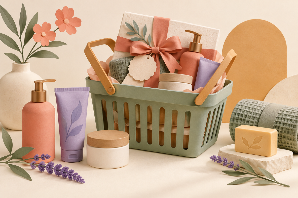 Illustration of a shopping basket containing a gift set with matching individual products nearby.
