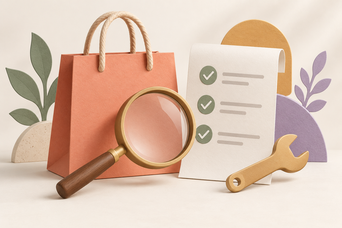 Illustration of a shopping bag, checklist, magnifying glass and wrench.
