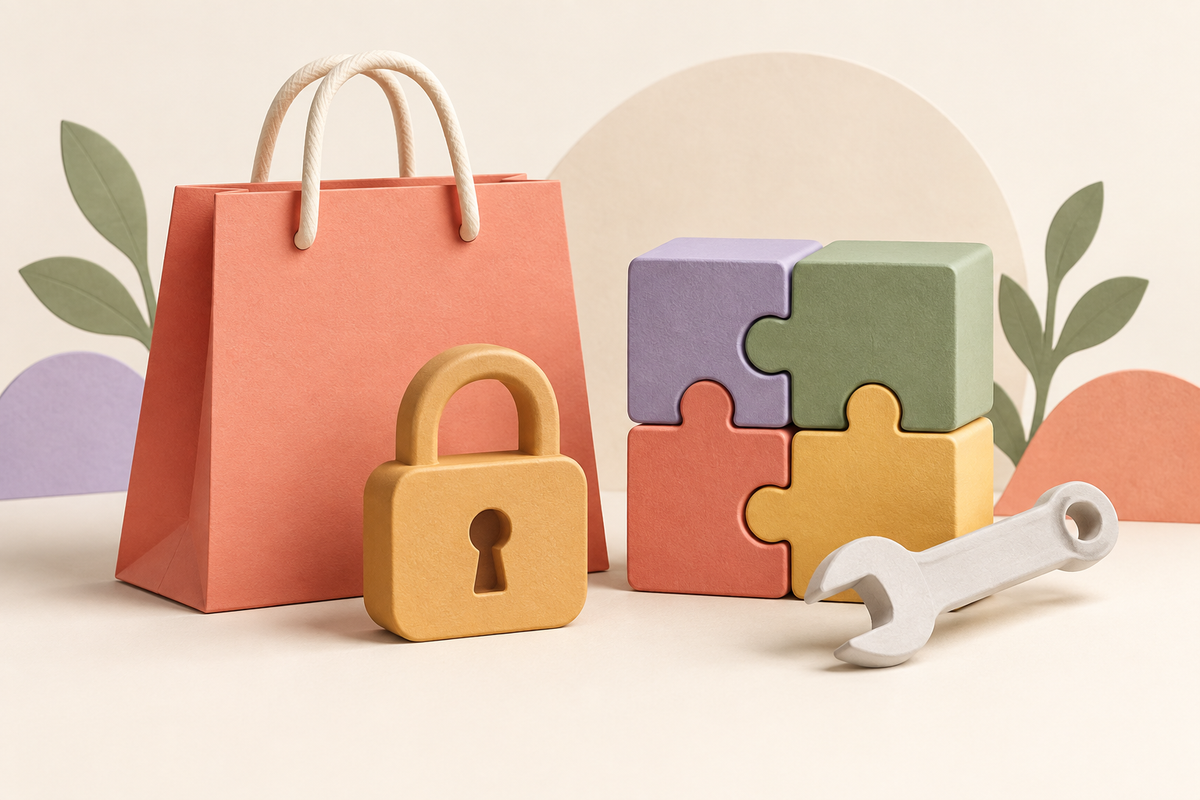 Illustration of a shopping bag, padlock, modular blocks and wrench.