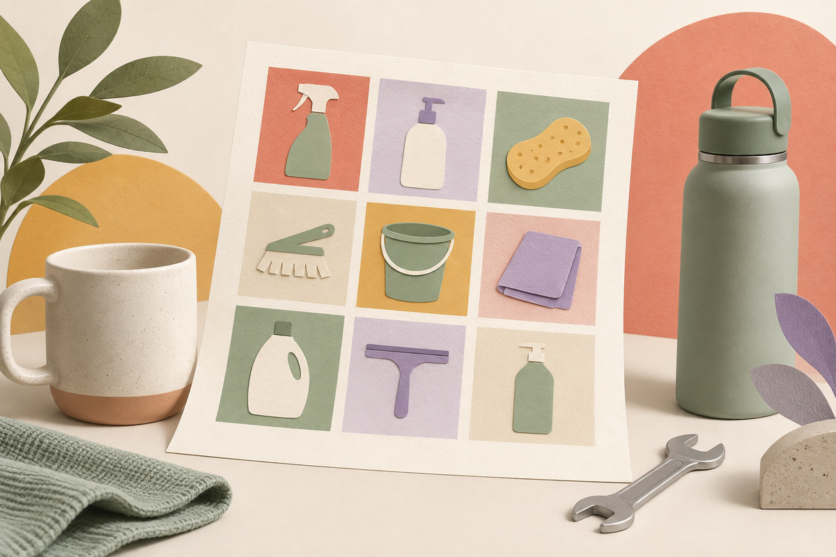 Illustration of a product catalog grid beside a mug, bottle and wrench.