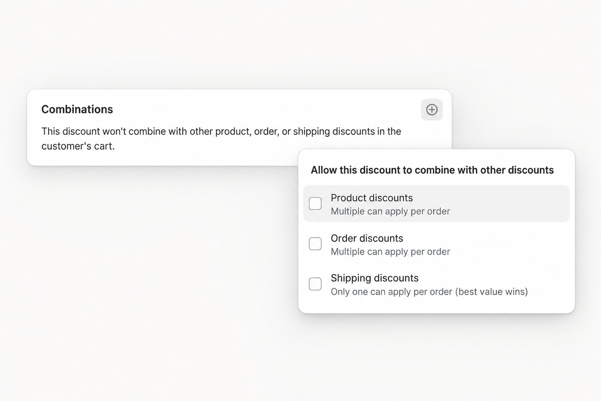 Shopify discount combinations settings for product, order, and shipping discounts.