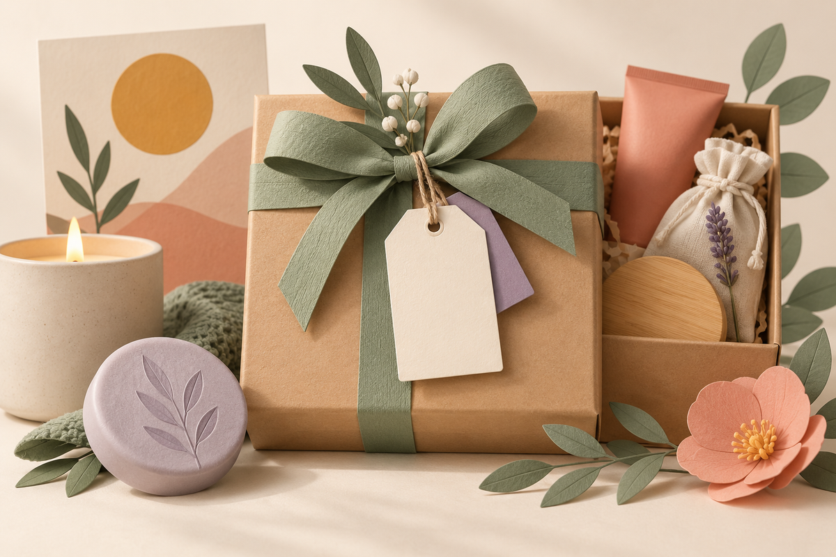 Illustration of a gift box with a front tag and a second tag partly hidden behind it.