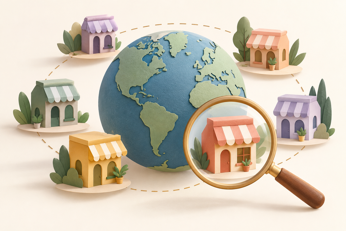 Illustration of a globe surrounded by small storefronts and a magnifying glass.