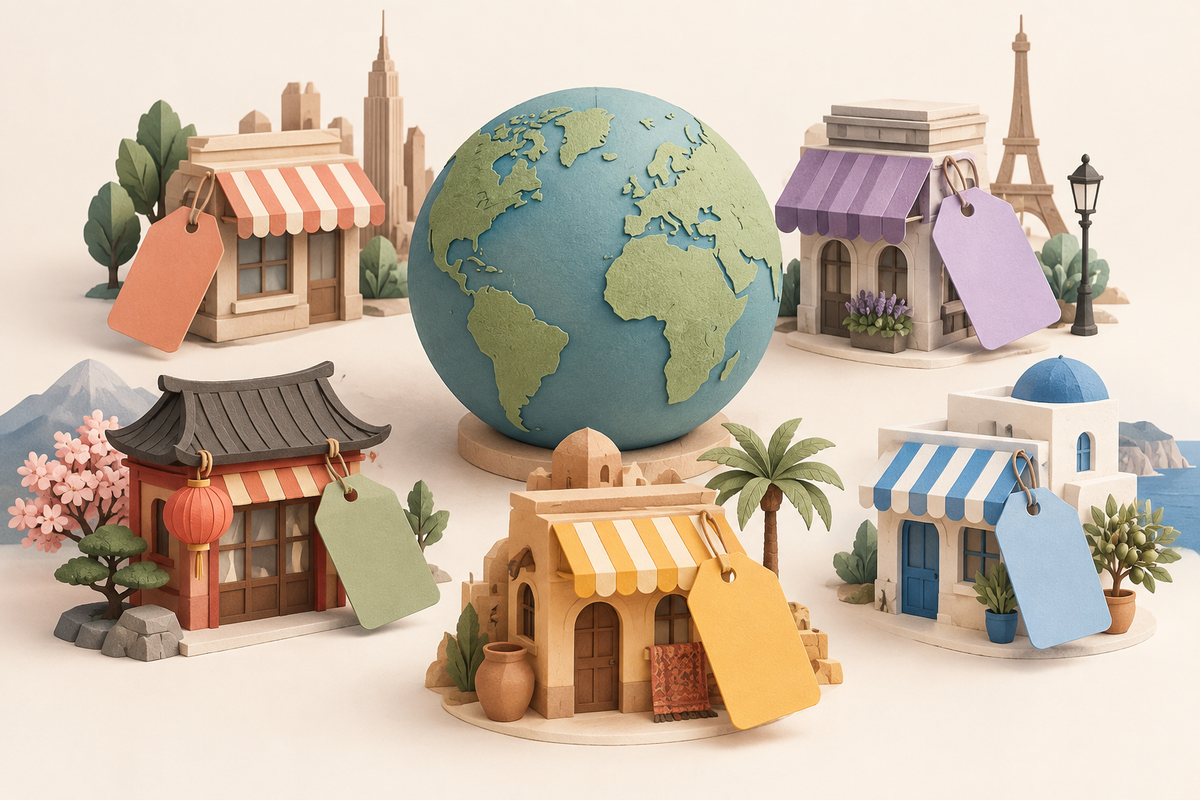 Illustration of a globe surrounded by storefronts with different promotional tags.