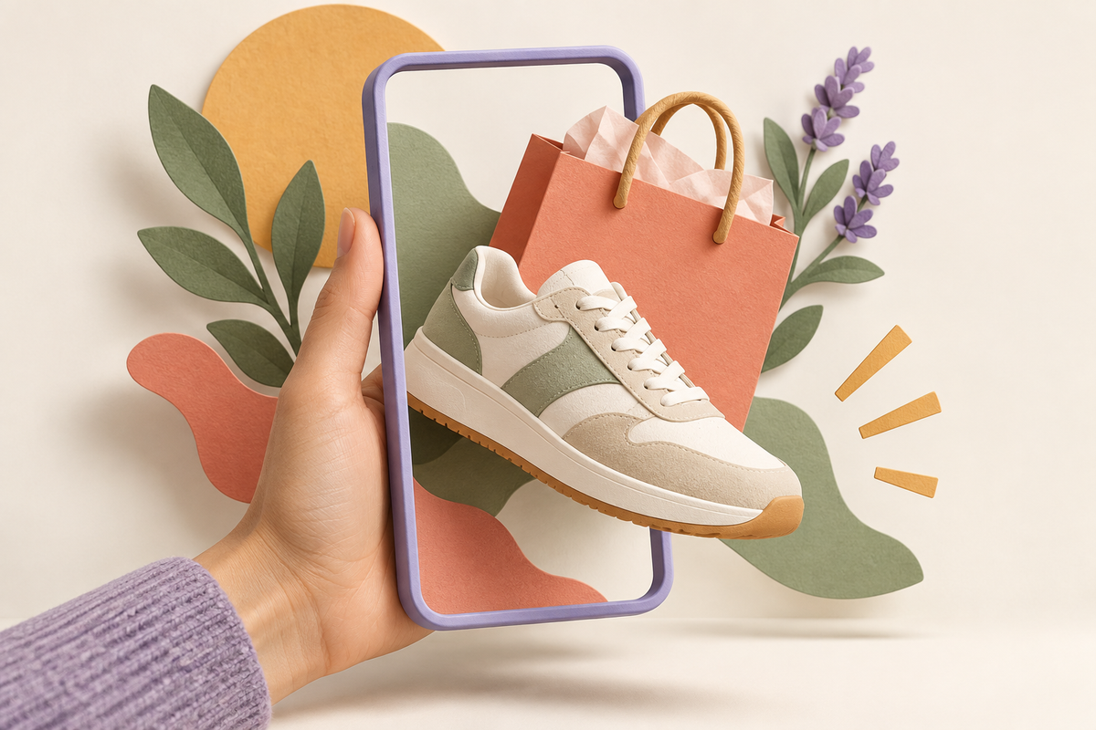 Illustration of a hand holding a phone-shaped frame with a sneaker and shopping bag.