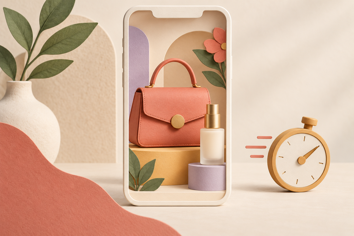 Illustration of a phone-shaped display holding products beside a stopwatch.