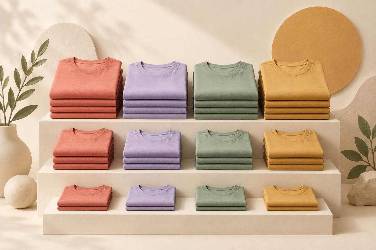 Illustration of folded T-shirts in different colours and sizes on display shelves.