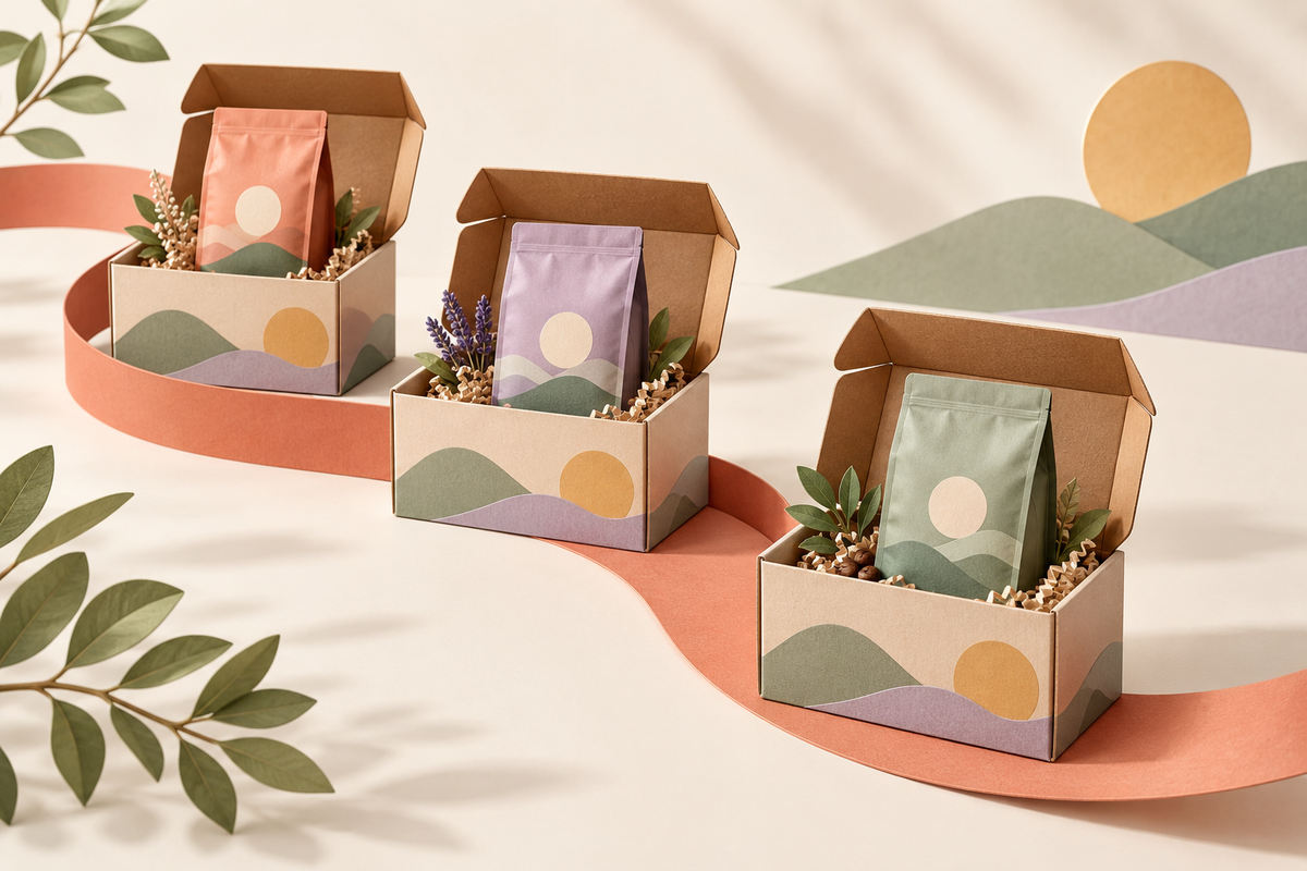 Illustration of three coffee delivery boxes arranged along a ribbon.