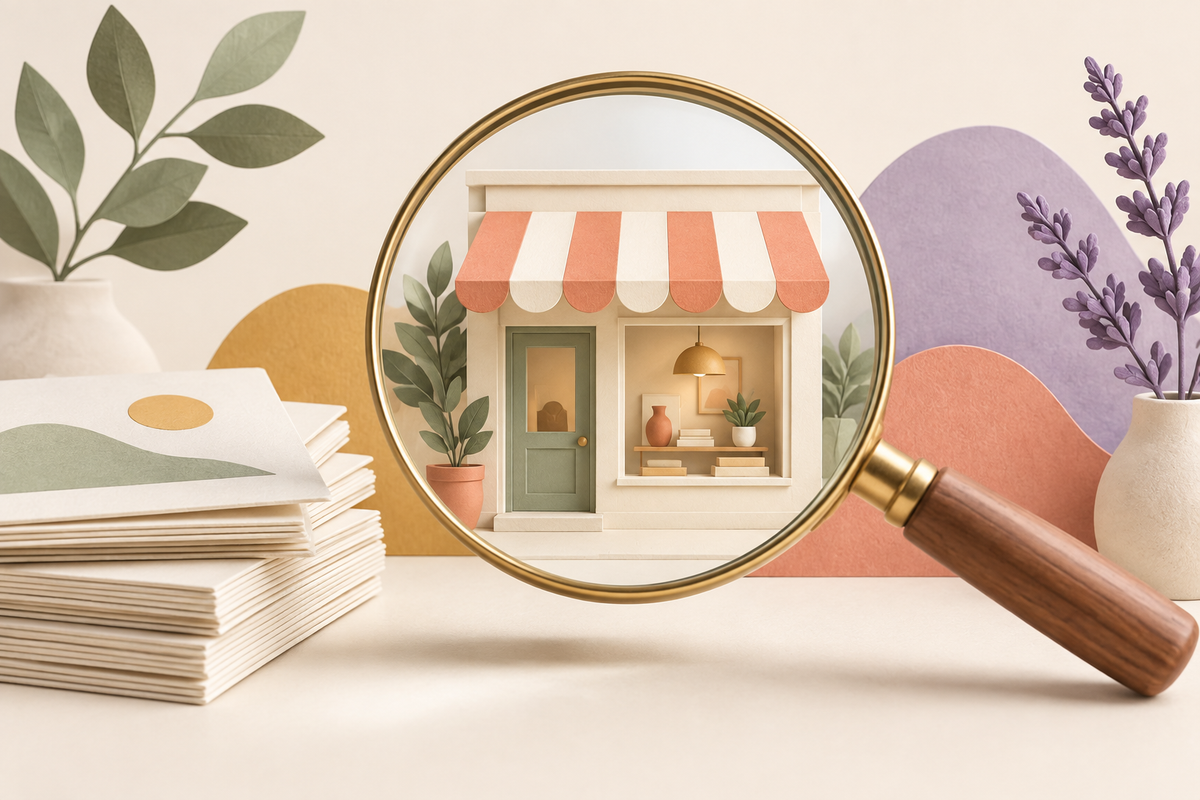 Illustration of a magnifying glass framing a small storefront beside a stack of pages.