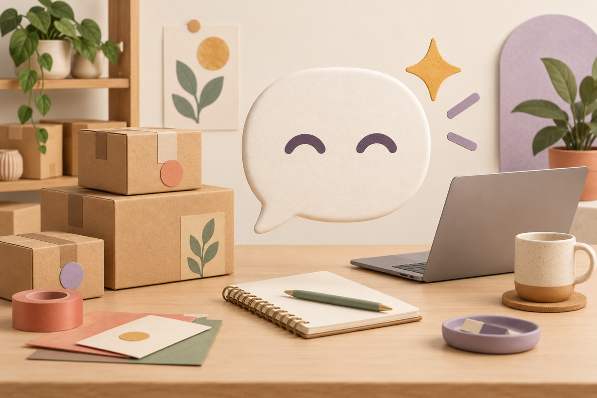 Illustration of a friendly speech bubble above a merchant desk with parcels, a notebook and laptop.