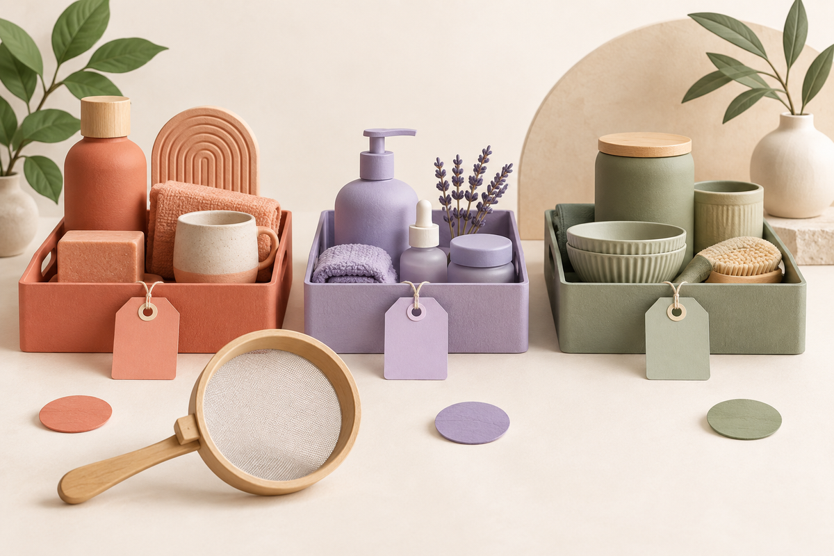 Illustration of products sorted into three colour-coded trays beside a selection sieve.