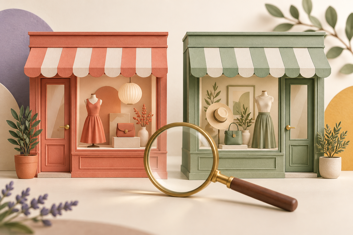Illustration of two differently styled storefronts beside a magnifying glass.