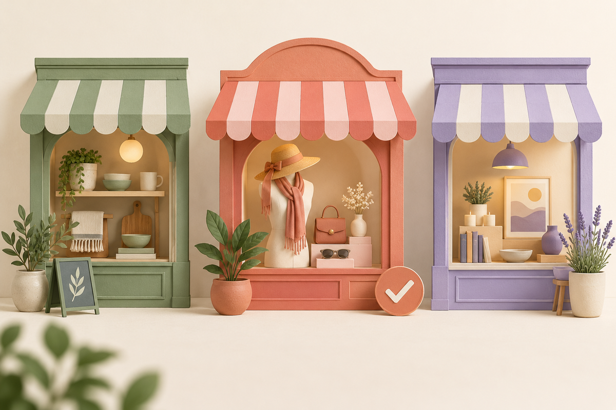 Illustration of three differently styled storefronts with a selection checkmark.