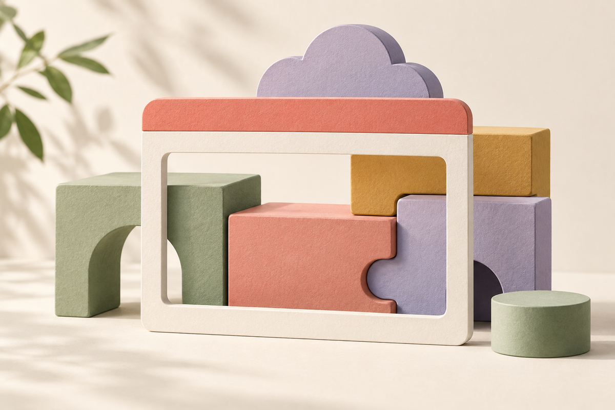 Abstract illustration of a browser-shaped frame with a highlighted top layer and interlocking blocks.