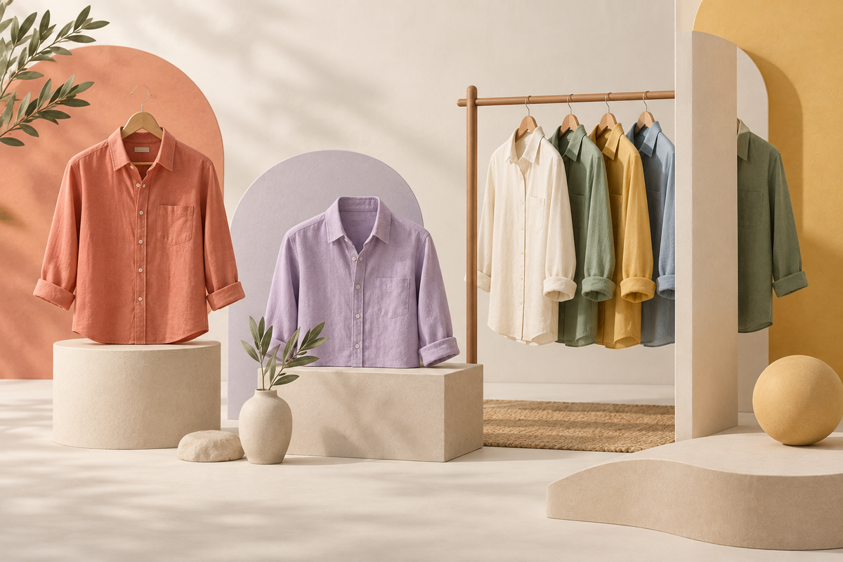 Illustration of shirts in different colours, with selected styles on display and one partly behind a partition.