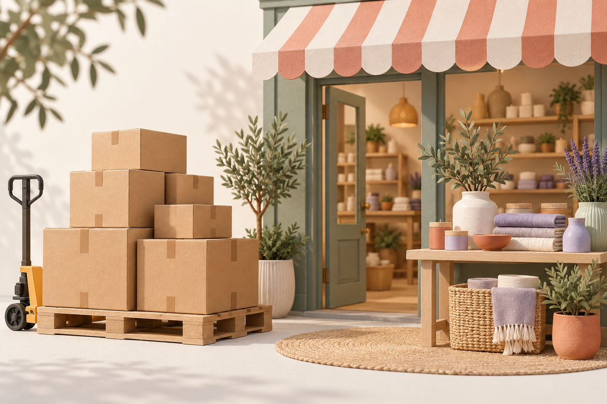 Illustration of wholesale cartons on a pallet beside a boutique.