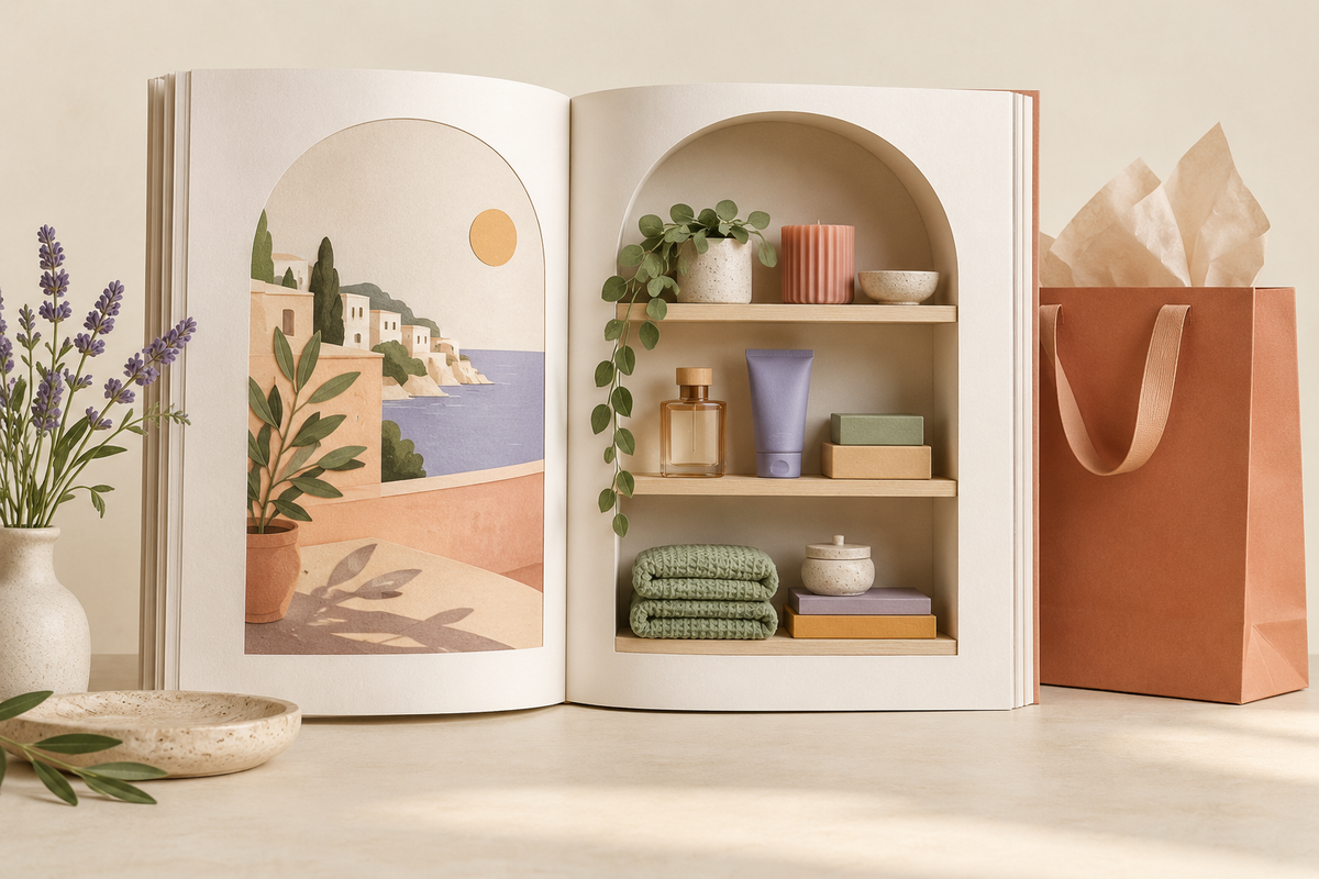 Illustration of an open magazine with a product shelf built into its pages.