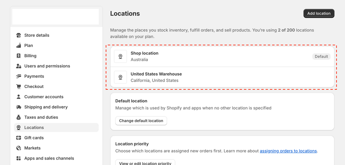 Shopify location settings showing a shop location and a United States warehouse.